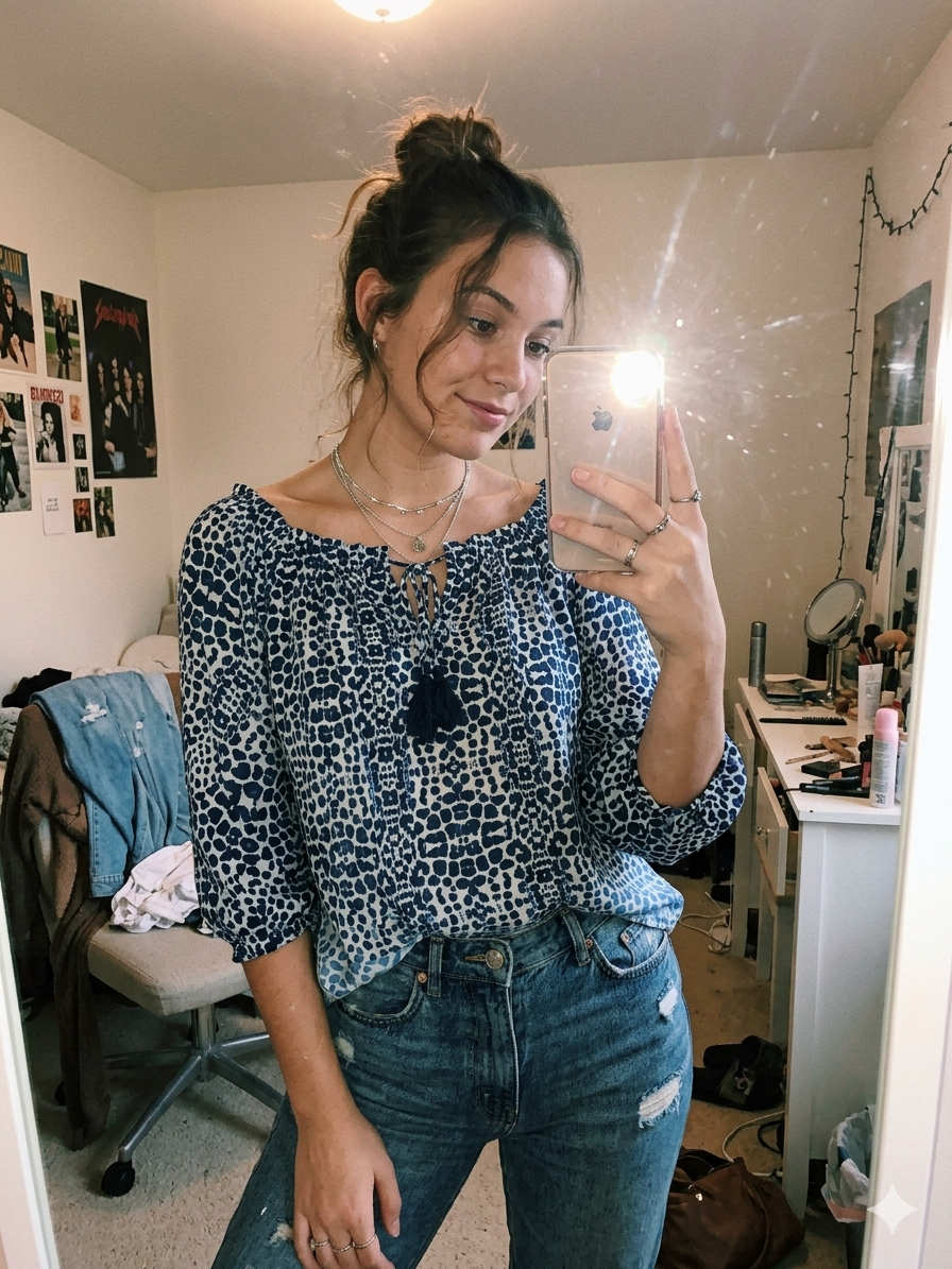Blue & White Printed Top