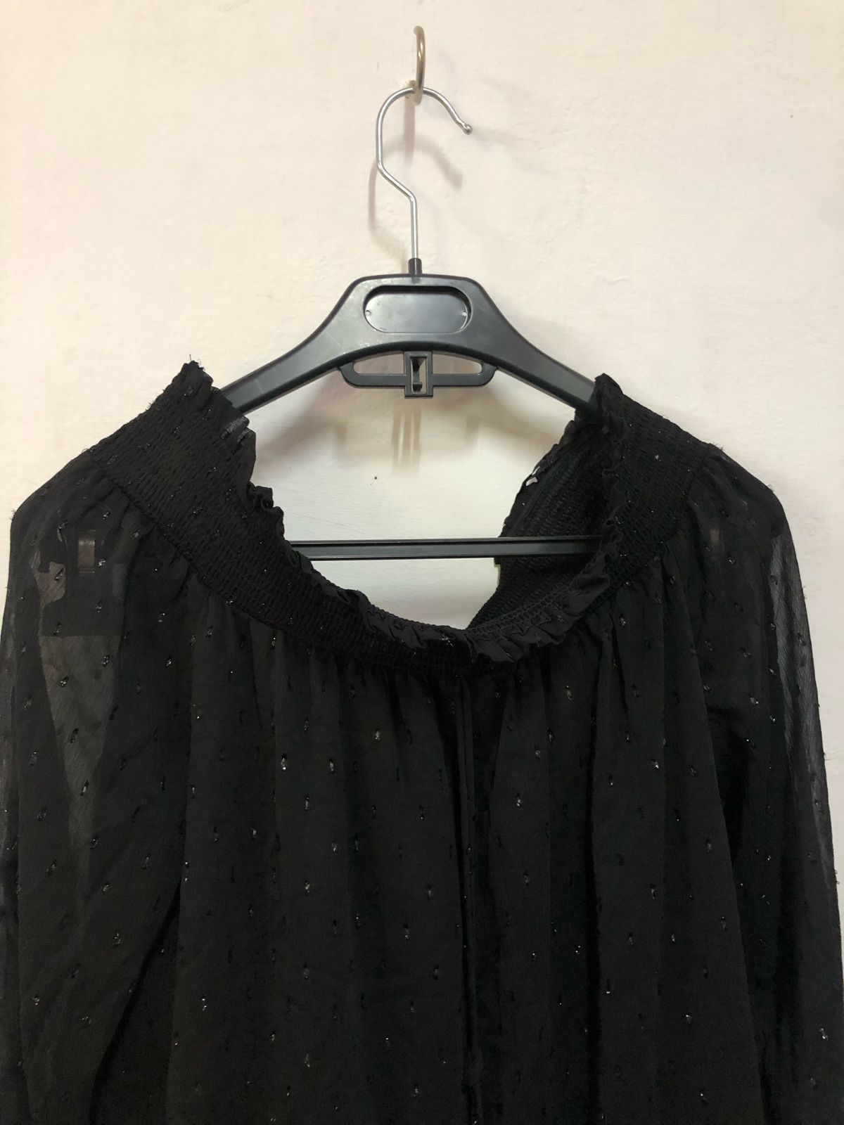 Black Swiss Dot Off-Shoulder Top