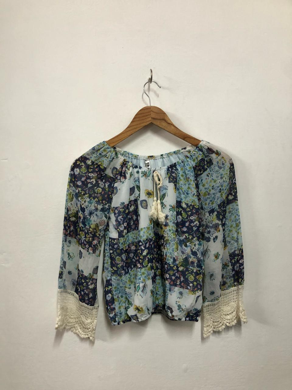 Blue Floral Crochet Sleeve Top