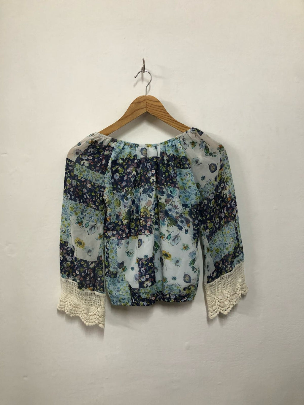 Blue Floral Crochet Sleeve Top