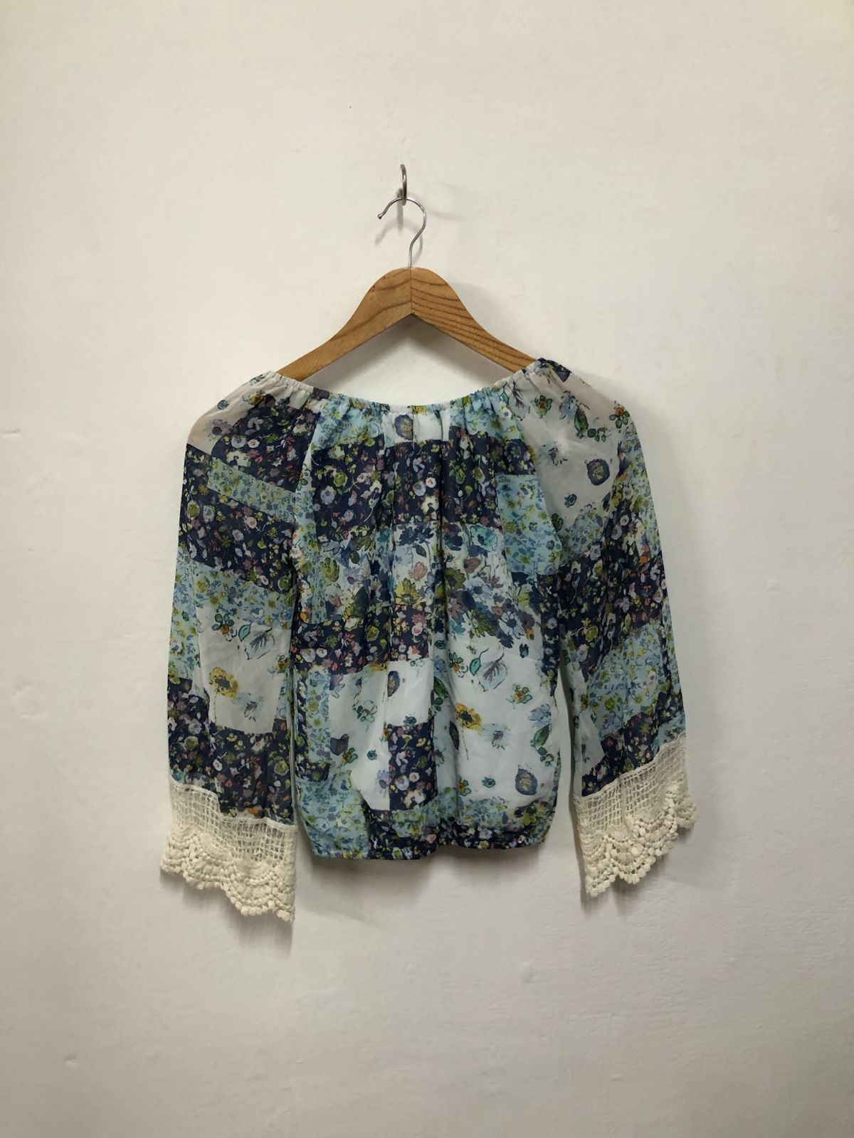 Blue Floral Crochet Sleeve Top