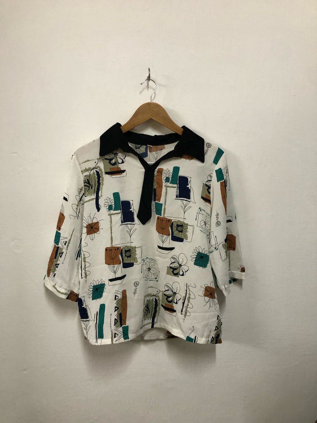 White Abstract Print Tie-Collar Top