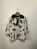 White Abstract Print Tie-Collar Top