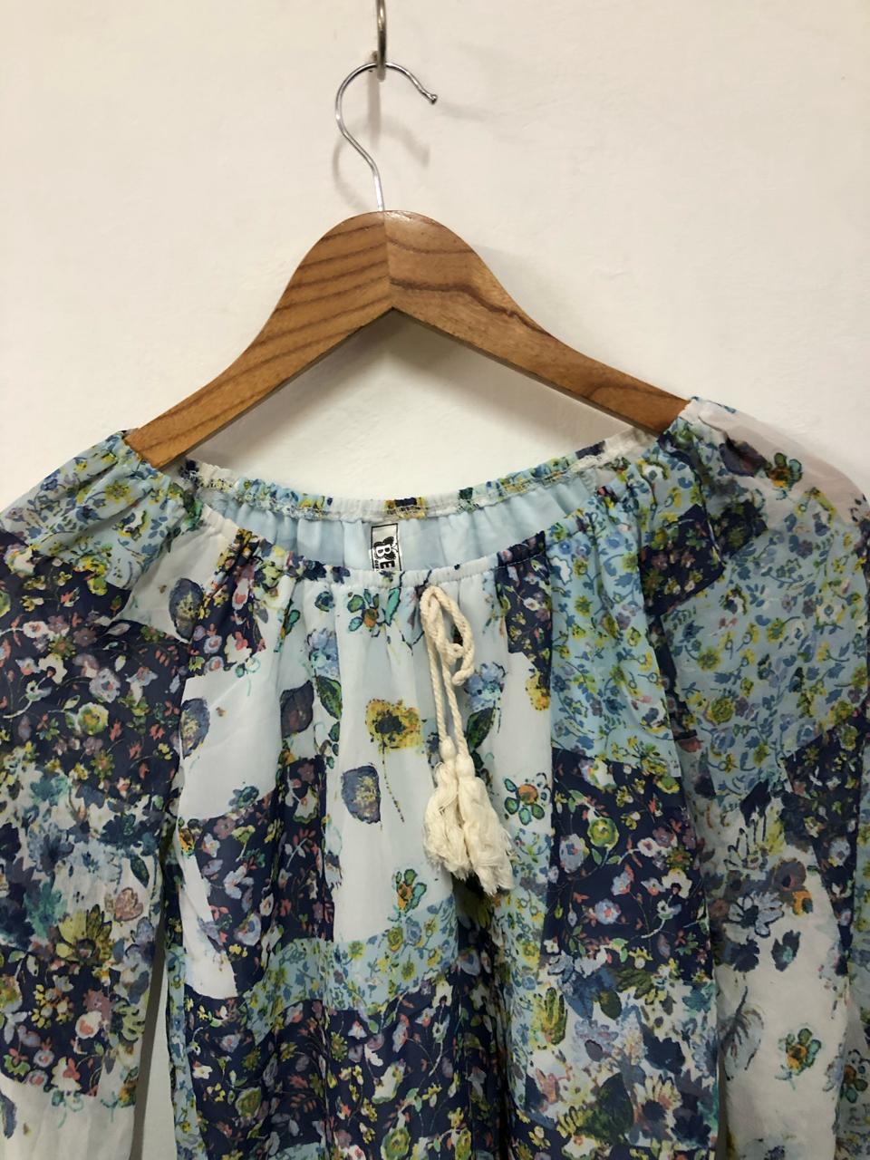 Blue Floral Crochet Sleeve Top